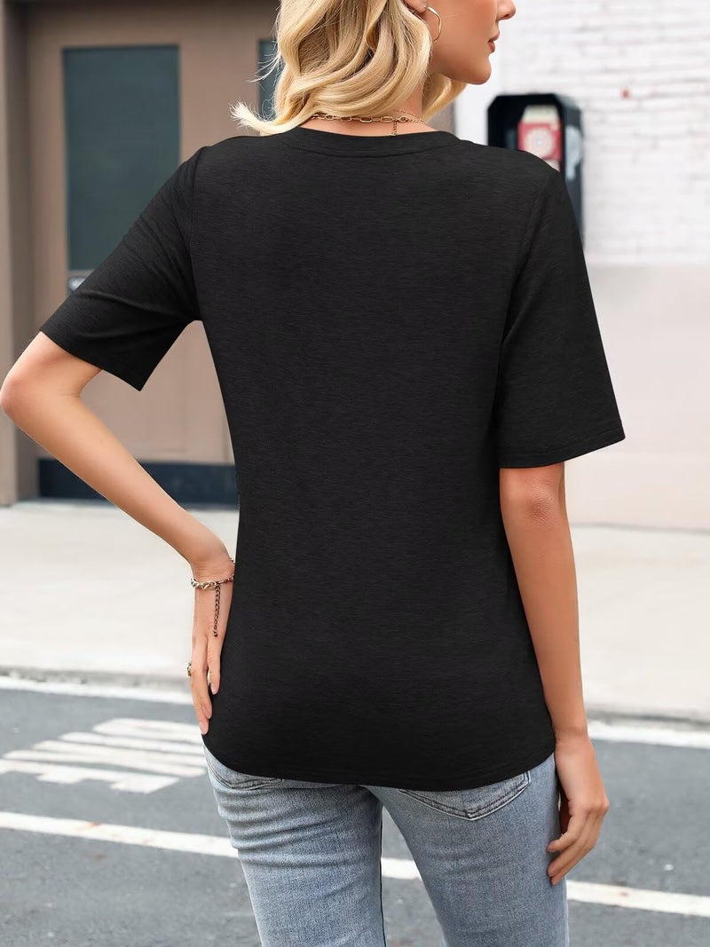 Minetom Women's V Neck T Shirts Casual Half Sleeve Tops Basic Summer Tees A Black - Image 4