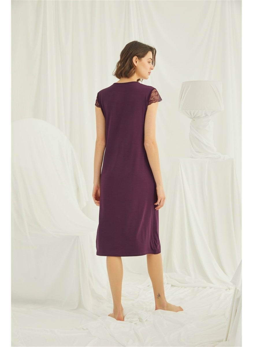 Monamise 18458 Women's Burgundy Lace Sleeve Buttoned Front Plus Size Nightgown  - Image 3