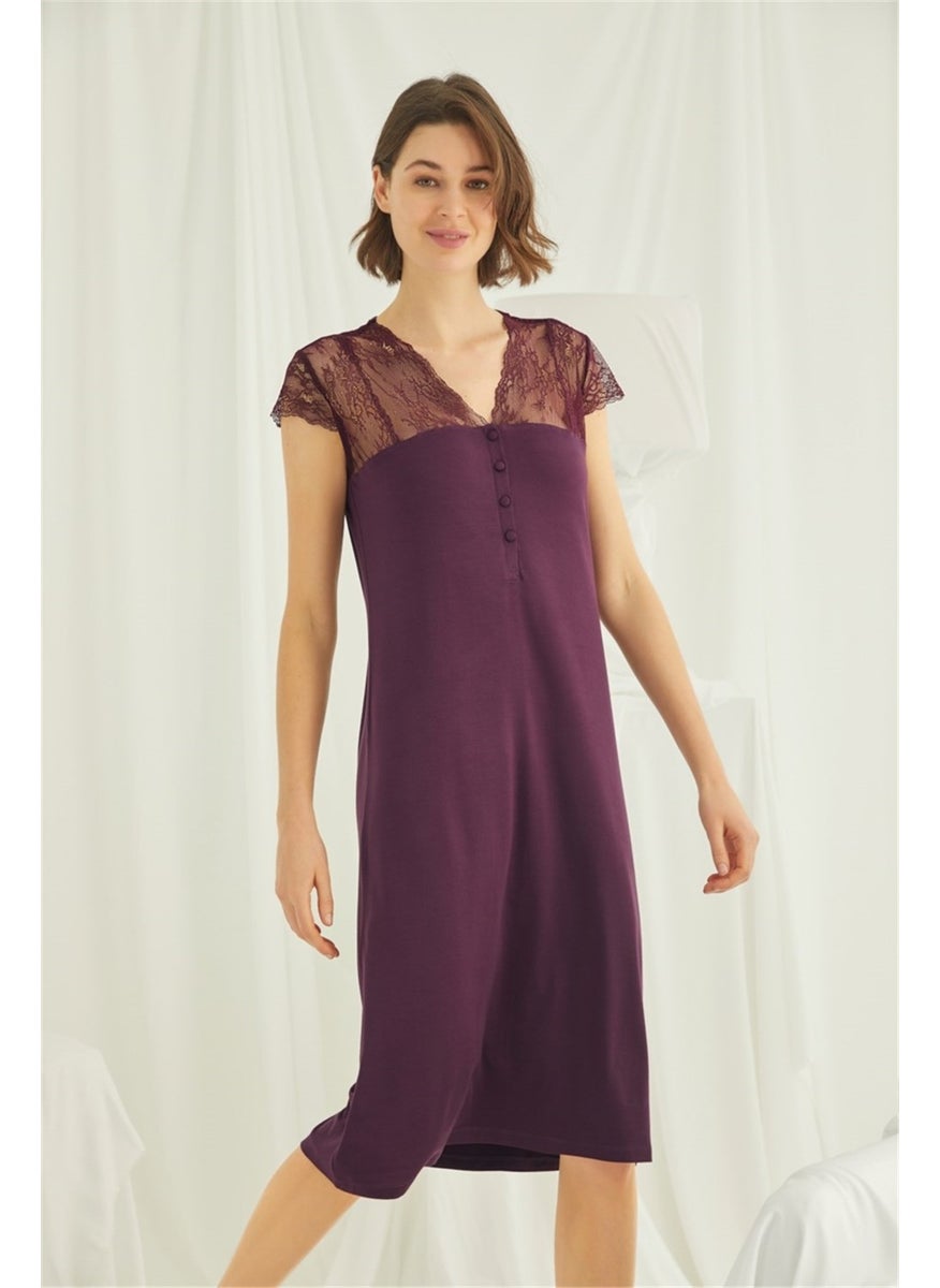 Monamise 18458 Women's Burgundy Lace Sleeve Buttoned Front Plus Size Nightgown  - Image 1