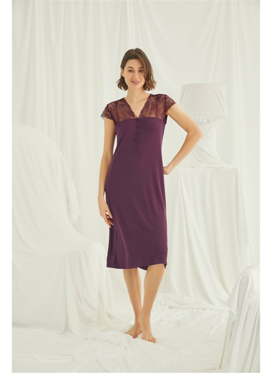 Monamise 18458 Women's Burgundy Lace Sleeve Buttoned Front Plus Size Nightgown  - Image 2
