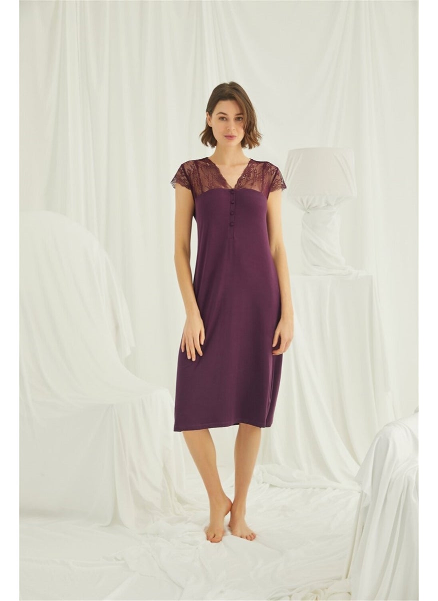 Monamise 18458 Women's Burgundy Lace Sleeve Buttoned Front Plus Size Nightgown  - Image 4