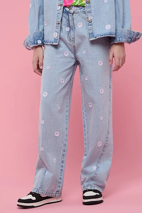 R&B Embroidered Straight Fit Jeans with Button Closure