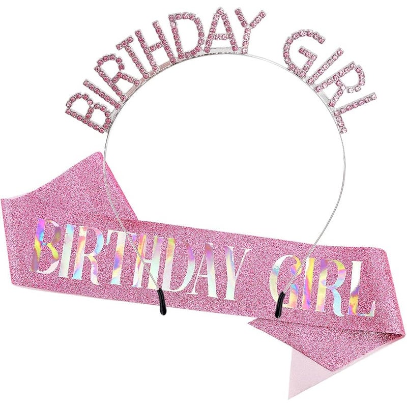 AOPRIE Pink Birthday Sash for Women Girls Birthday Crown Tiara for Women Birthday Girl Headband Princess Crown Happy Birthday Accessories Decorations - Image 1