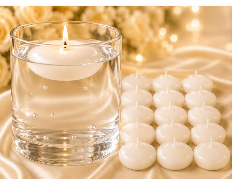 TAMAYUZ AL-RAQI Pack of 16 White Floating Candles – Unscented Water Candles for Home Décor, Weddings & Events – 4.6 cm Diameter, 3 cm Height - Image 1