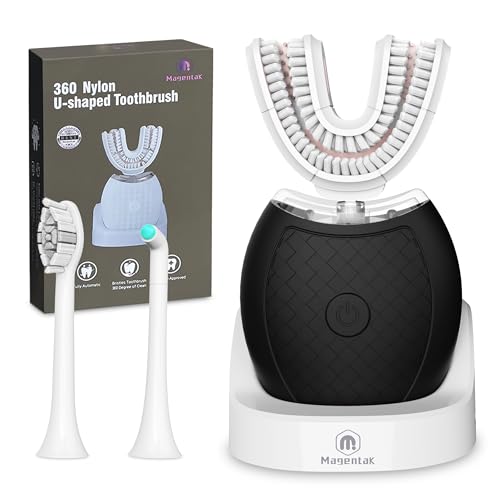Magentak فرشاة أسنان كهربائية على شكل U للبالغين، فرشاة أسنان فوق صوتية تحتوي على 23760 شعيرات نايلون، تنظيف تلقائي بزاوية 360 درجة و 3 أوضاع قياسية، سريعة، فائقة السرعة (أسود) - Image 1
