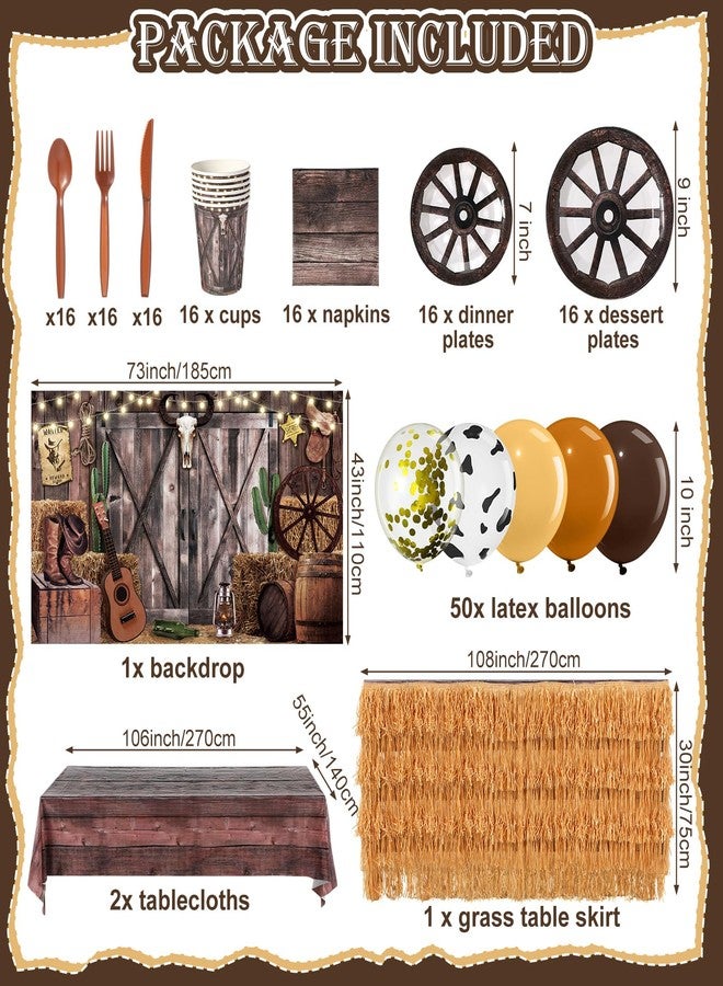 Zhehao 166 Pcs Western Cowboy Party Supplies Decorations Wild West Backdrop Tablecloth Balloons Tableware Set Paper Plates Napkins Cups Knives Forks Spoons Serve 16 Guests for Birthday Baby Shower - Image 2
