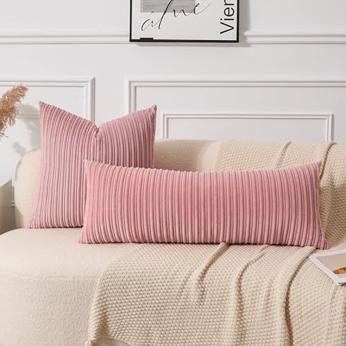 UGS UGASA UGASA 14x36 Inch Pillow Cover Pack of 1 Valentine's Day Soft Boho Stripe Corduroy Large Long Rectangular Lumbar Cushion Cover Decorative Throw Pillowcase for Couch Sofa Bedroom Living Room, Baby Pink - Image 3