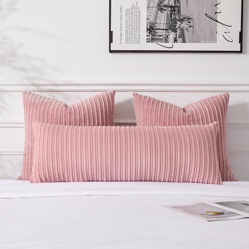 UGS UGASA UGASA 14x36 Inch Pillow Cover Pack of 1 Valentine's Day Soft Boho Stripe Corduroy Large Long Rectangular Lumbar Cushion Cover Decorative Throw Pillowcase for Couch Sofa Bedroom Living Room, Baby Pink - Image 2