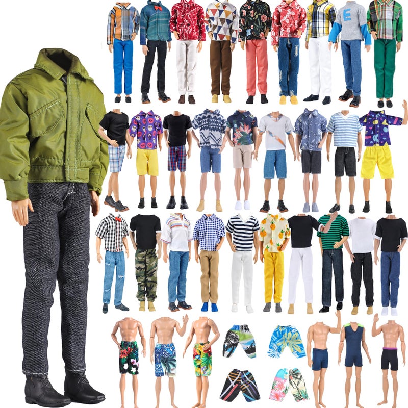 E-TING 15pcs Fashion Clothes Pack = 5pcs Casual Outfit + 5pcs Pants +5 Pairs Shoes for 12inches Boy Doll Random Style (Green Bomber Jacket + Daily Suit + Swimwear) - Image 1