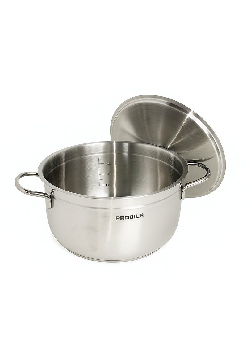 PROCILA 9-Piece Stainless Steel Alpha Cookware Set With Soup Ladle & Skimmer 5-Layers Induction Bottom; Sizes 20, 24, 24, 28CM Silver - Image 3