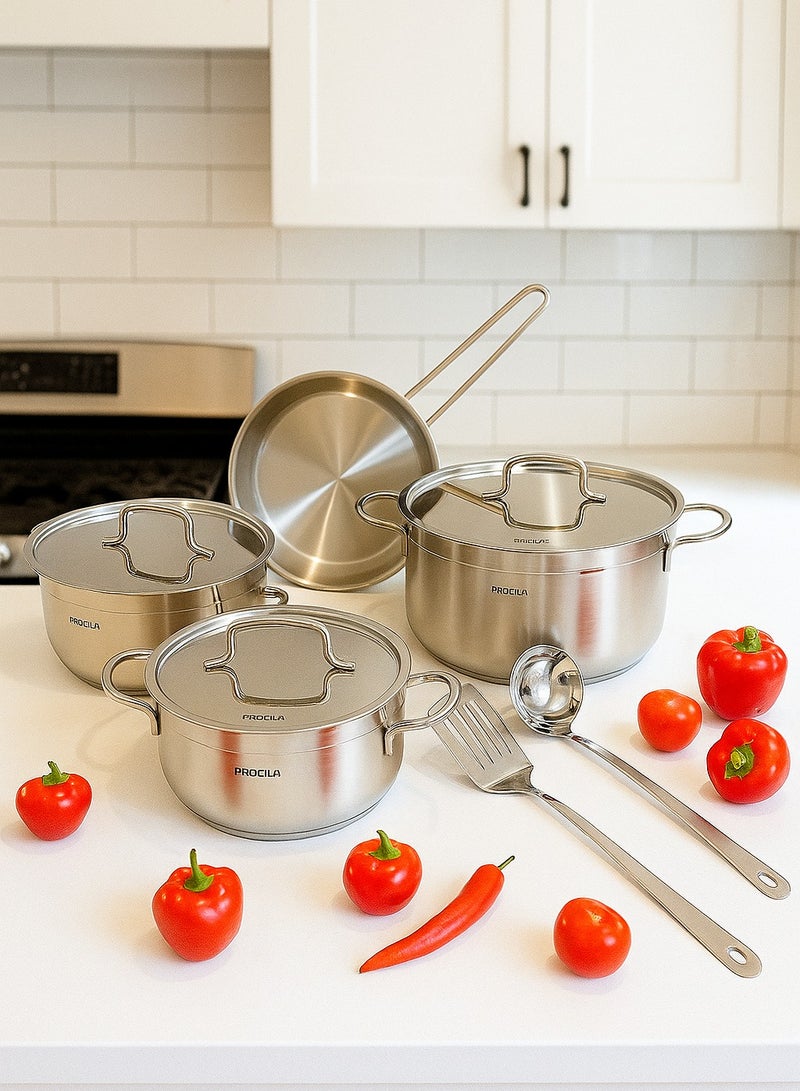 PROCILA 9-Piece Stainless Steel Alpha Cookware Set With Soup Ladle & Skimmer 5-Layers Induction Bottom; Sizes 20, 24, 24, 28CM Silver - Image 1