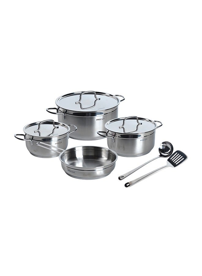 PROCILA 9-Piece Stainless Steel Alpha Cookware Set With Soup Ladle & Skimmer 5-Layers Induction Bottom; Sizes 20, 24, 24, 28CM Silver - Image 2