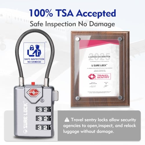 SURE LOCK أقفال سفر متوافقة مع TSA من SURE LOCK، مؤشر فحص، أقراص سهلة القراءة معتمدة من TSA مع سبائك الزنك رمادي 4 عبوات - Image 2