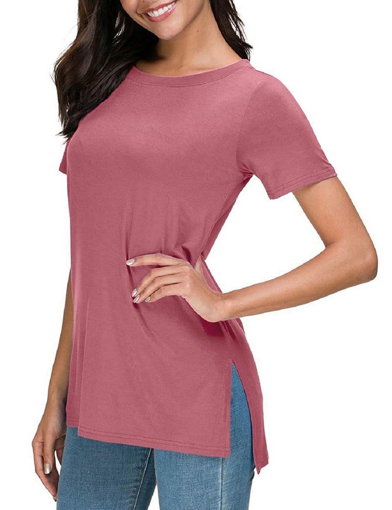 Herou Side Split Tops for Women Casual Summer Short Sleeve Crewneck T-Shirts Tees (Rose, Large) - Image 1