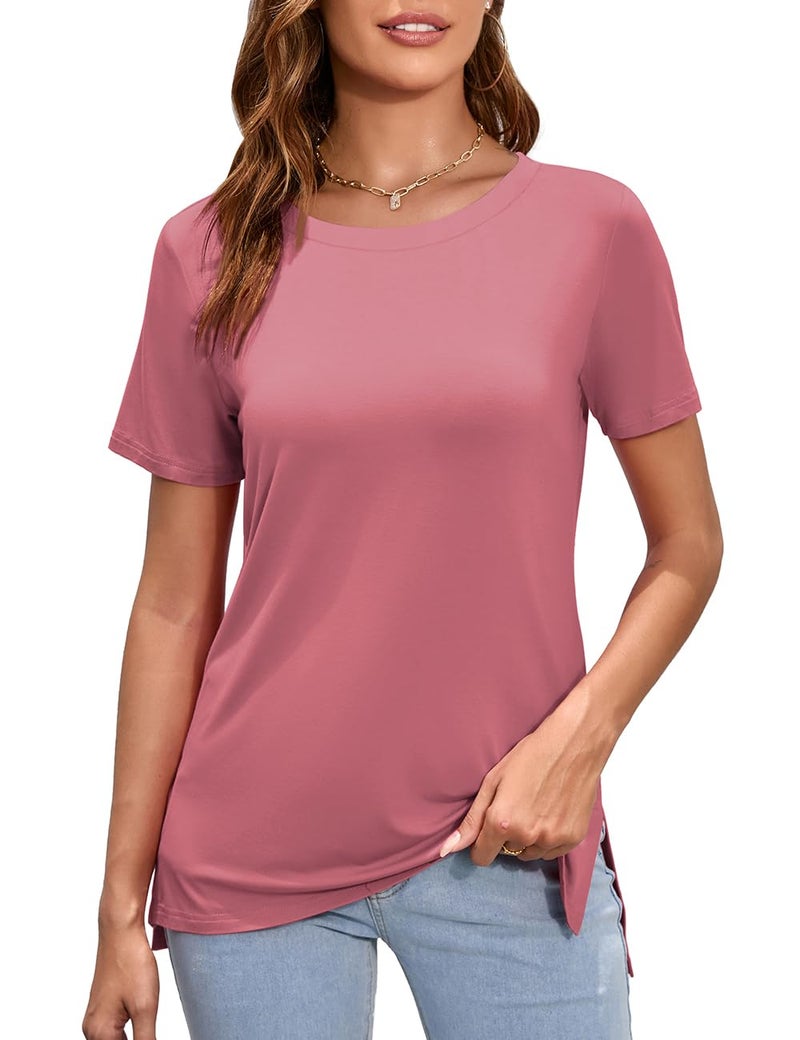 Herou Side Split Tops for Women Casual Summer Short Sleeve Crewneck T-Shirts Tees (Rose, Large) - Image 2