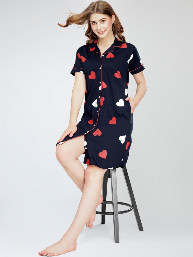 ZEYO Women's Cotton Navy Blue Night Dress Heart Printed Knee Length Night Gown 5792 - Image 3