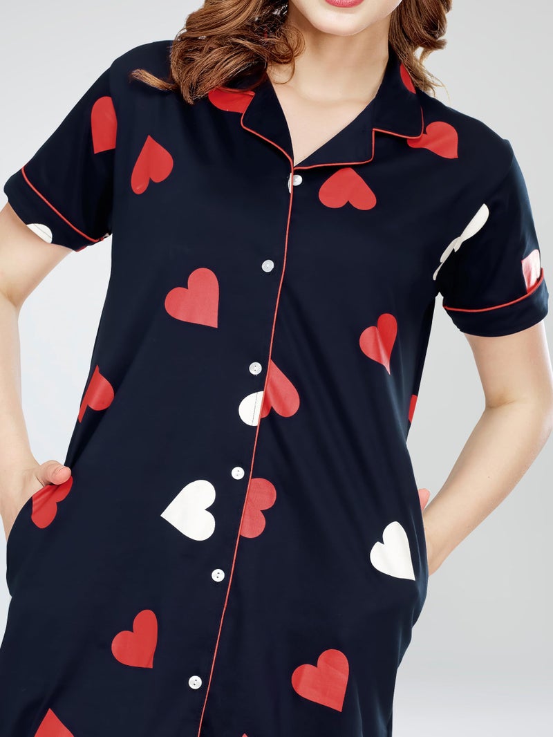 ZEYO Women's Cotton Navy Blue Night Dress Heart Printed Knee Length Night Gown 5792 - Image 2