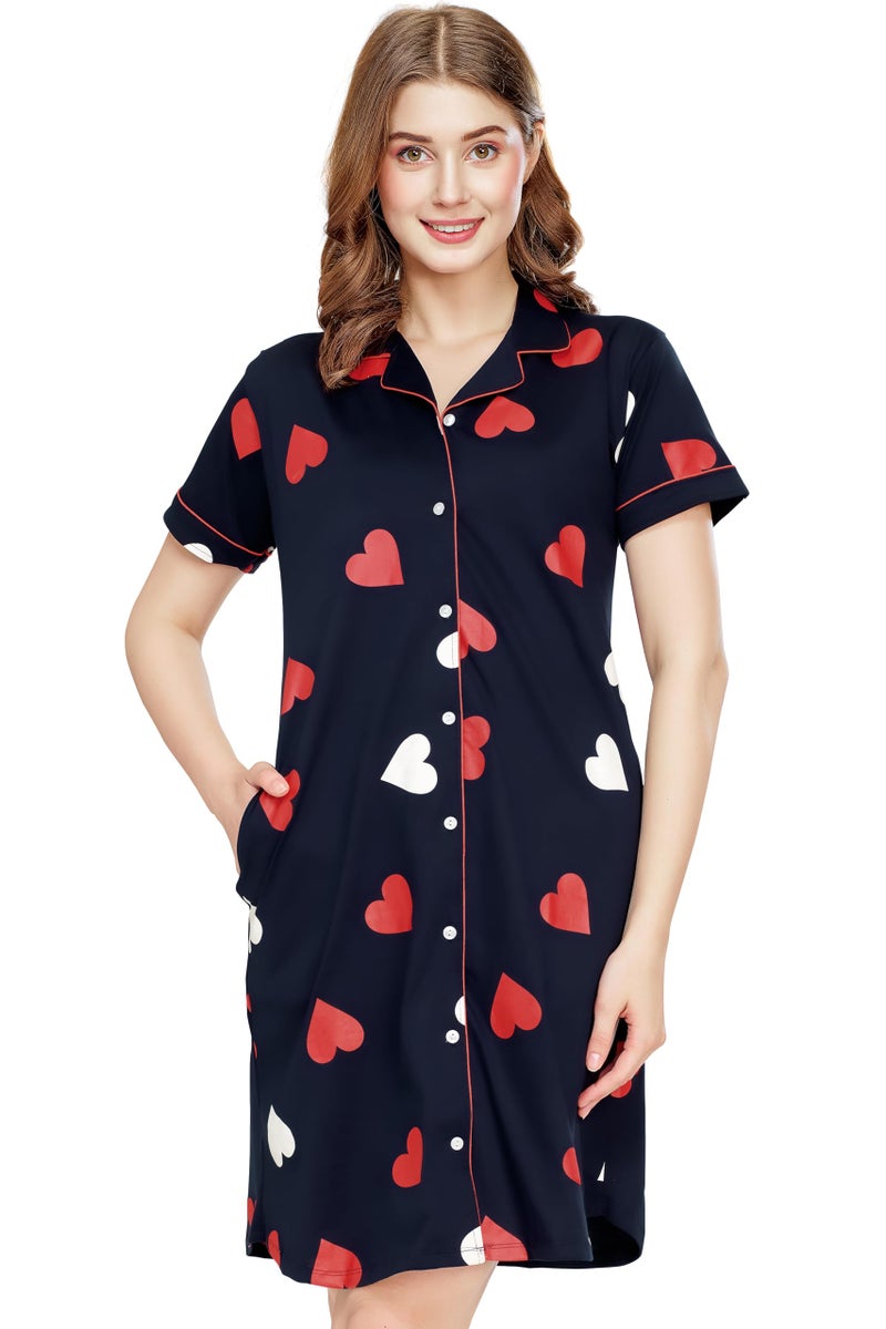 ZEYO Women's Cotton Navy Blue Night Dress Heart Printed Knee Length Night Gown 5792 - Image 1
