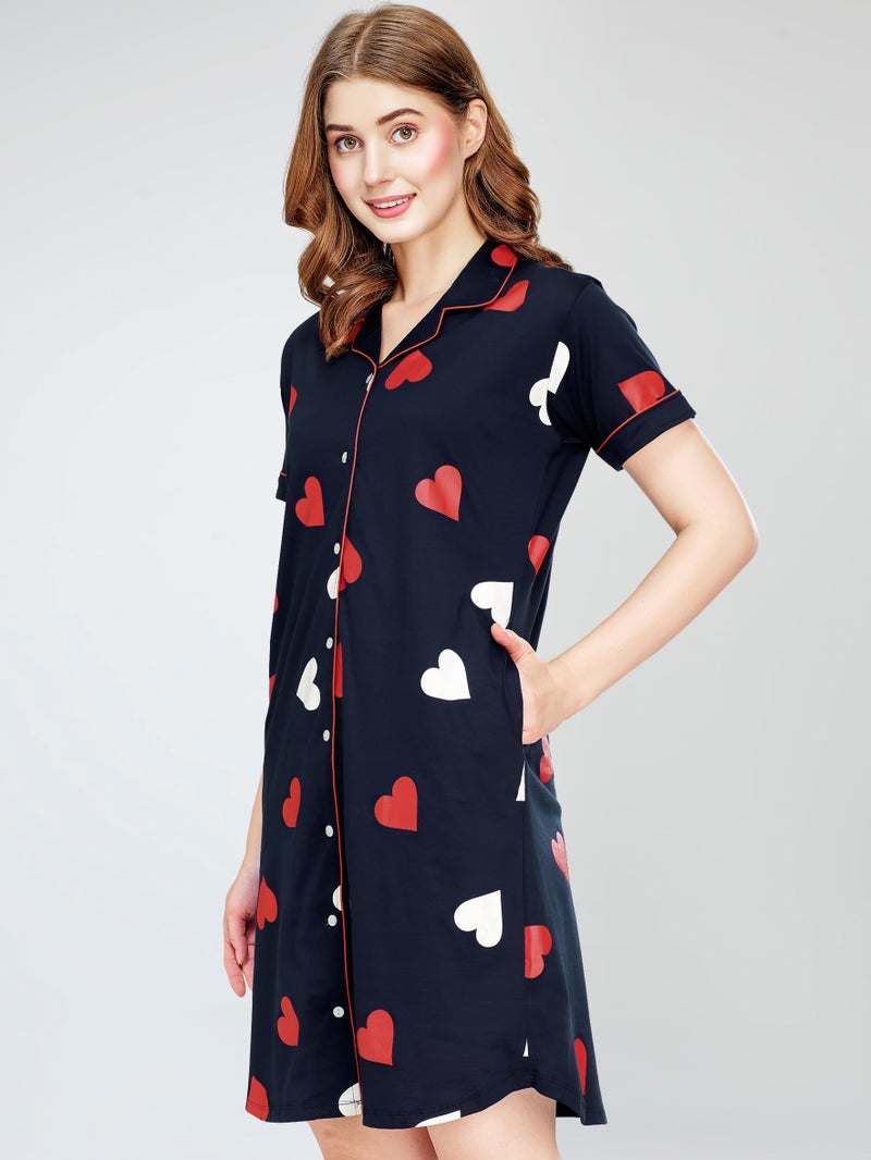 ZEYO Women's Cotton Navy Blue Night Dress Heart Printed Knee Length Night Gown 5792 - Image 4