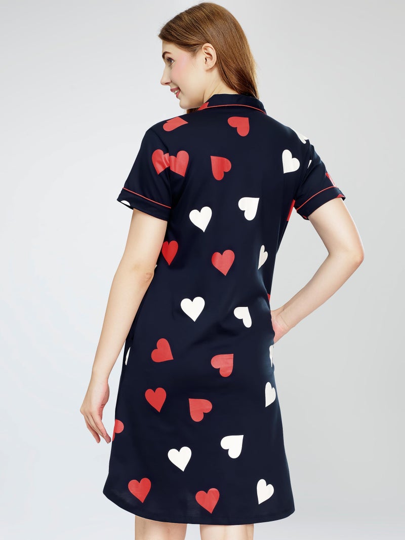 ZEYO Women's Cotton Navy Blue Night Dress Heart Printed Knee Length Night Gown 5792 - Image 5
