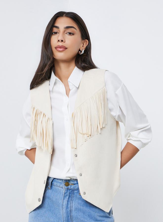 Styli Cream Suede Look Fringe Vest - Image 1