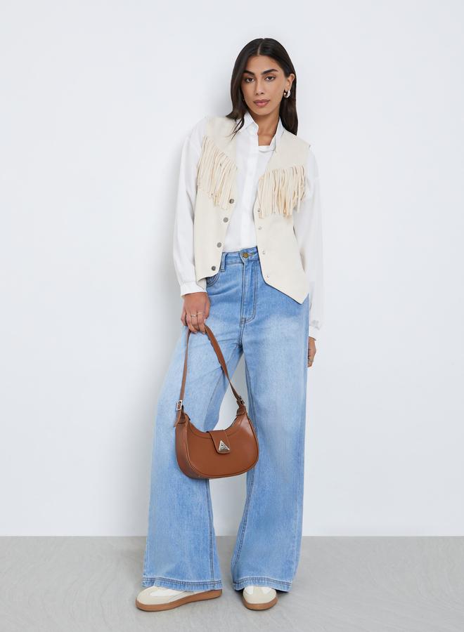 Styli Cream Suede Look Fringe Vest - Image 2