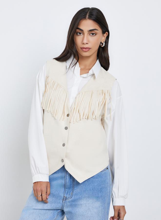 Styli Cream Suede Look Fringe Vest - Image 3