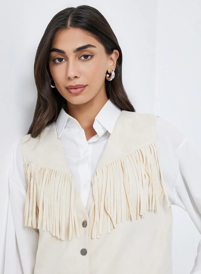 Styli Cream Suede Look Fringe Vest