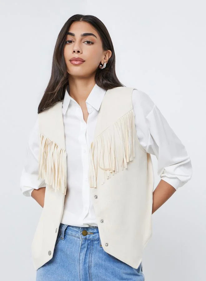 Styli Cream Suede Look Fringe Vest