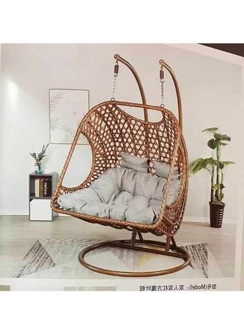 Harmony Home 2-Person Rattan Swing Chair, 220x180x2.5 cm Hanging Wicker Basket with Plush Cushion, Sturdy Metal Frame for Balcony, Patio, Garden & Indoor Use, Brown