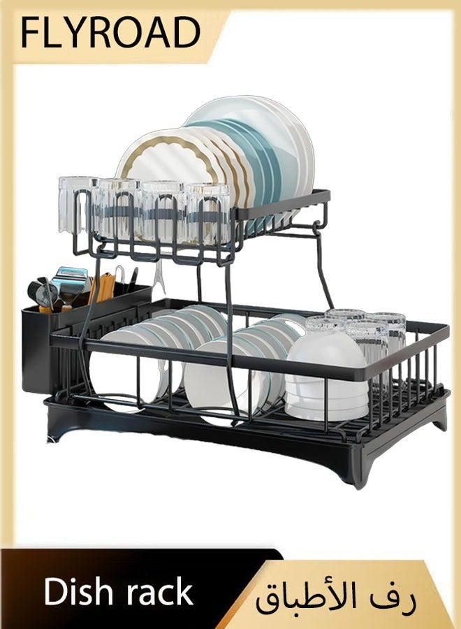 فلاي رود مجموعة ألواح تجفيف الأطباق، رف تجفيف من الفولاذ المقاوم للصدأ مكون من طبقتين مع صينية تصريف، مجفف أطباق على سطح المطبخ مع رف أدوات مائدة قابل للإزالة - Image 1