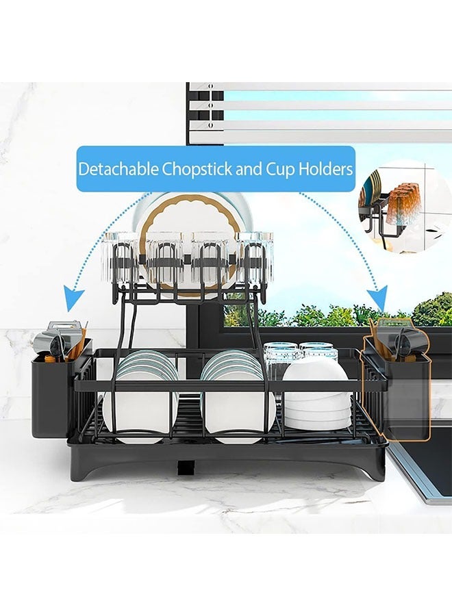 فلاي رود مجموعة ألواح تجفيف الأطباق، رف تجفيف من الفولاذ المقاوم للصدأ مكون من طبقتين مع صينية تصريف، مجفف أطباق على سطح المطبخ مع رف أدوات مائدة قابل للإزالة - Image 4