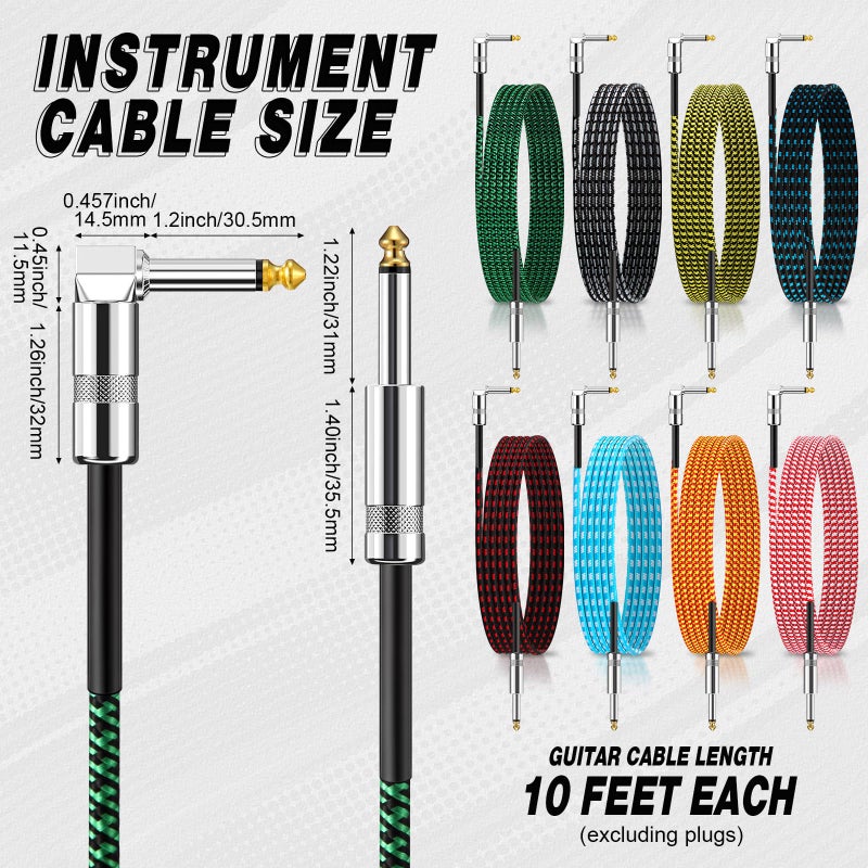 Rigibright 8 Pack 10FT Instrument Cable - Guitar, Bass, Keyboard, Microphone & Mixer Amp Cord (Multicolored, 10 Feet) - Image 2