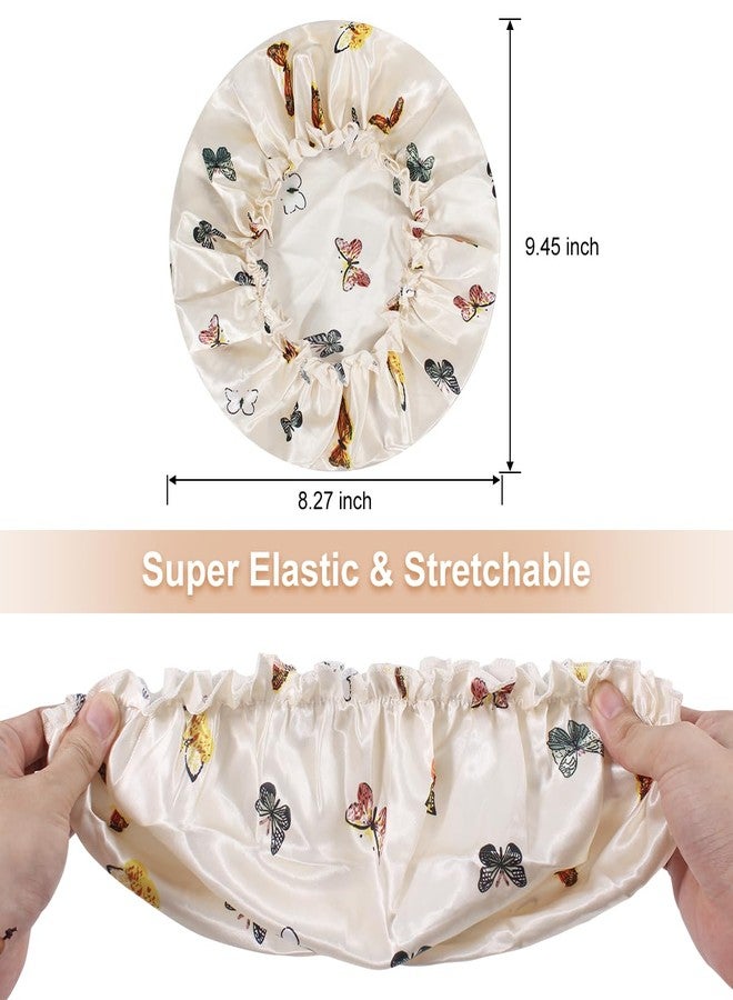 Merdia 2 Pcs Satin Hair Bonnet for Sleeping | Elastic and Reusable Shower Hair Caps | Butterfly Printed Hat Shower Cap for Women, Bonnet for Curly Hair | Satin Silk Cap for Sleeping Women, (9.4”) Beige - Image 2