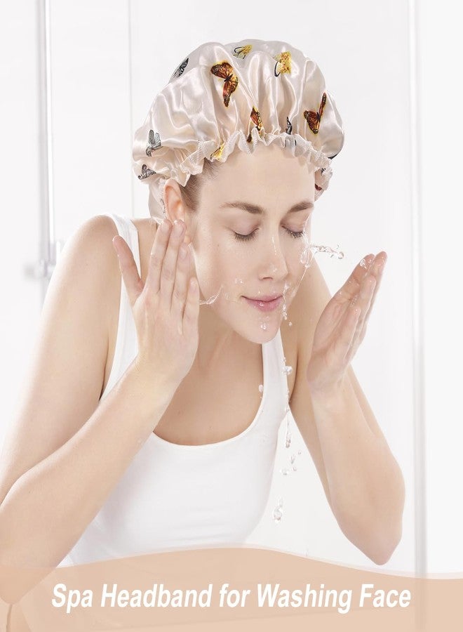 Merdia 2 Pcs Satin Hair Bonnet for Sleeping | Elastic and Reusable Shower Hair Caps | Butterfly Printed Hat Shower Cap for Women, Bonnet for Curly Hair | Satin Silk Cap for Sleeping Women, (9.4”) Beige - Image 5