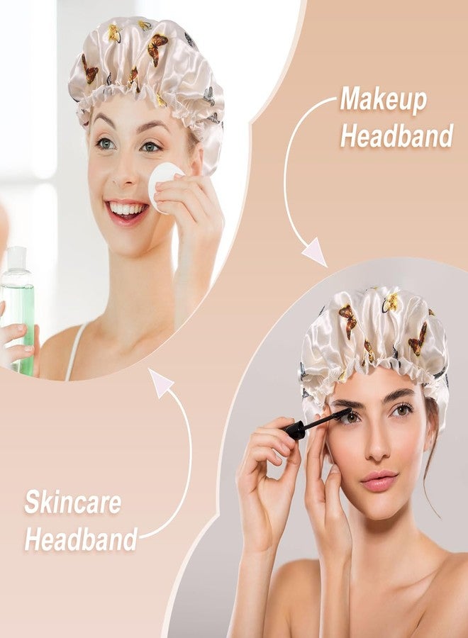 Merdia 2 Pcs Satin Hair Bonnet for Sleeping | Elastic and Reusable Shower Hair Caps | Butterfly Printed Hat Shower Cap for Women, Bonnet for Curly Hair | Satin Silk Cap for Sleeping Women, (9.4”) Beige - Image 3