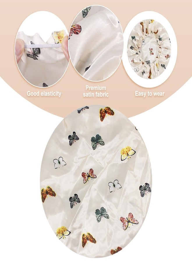 Merdia 2 Pcs Satin Hair Bonnet for Sleeping | Elastic and Reusable Shower Hair Caps | Butterfly Printed Hat Shower Cap for Women, Bonnet for Curly Hair | Satin Silk Cap for Sleeping Women, (9.4”) Beige - Image 4