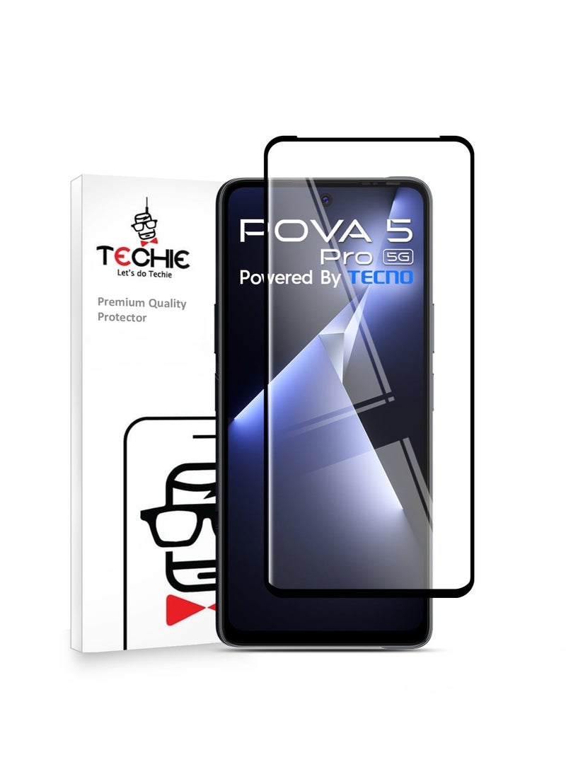 Techie Full Cover 10H Hardness HD Tempered Glass Screen Protector for Tecno Pova 5 Pro - Anti-Scratch, Anti-Fingerprint, and Bubbles Free Technology - Image 1