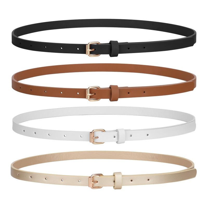 JASGOOD 4 Pack Skinny Women Leather Belt for Dresses Thin Waist Belt for Jeans Pants with Gold Buckle - Image 1