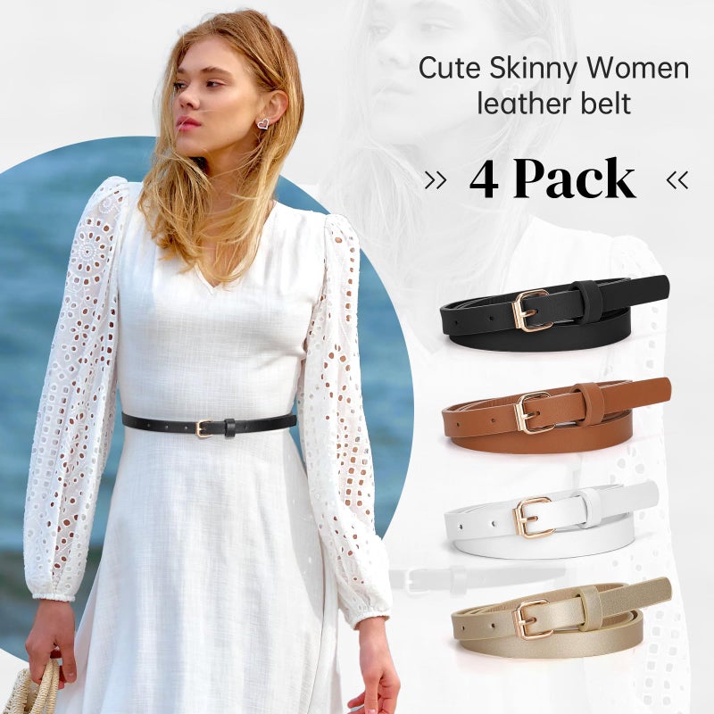 JASGOOD 4 Pack Skinny Women Leather Belt for Dresses Thin Waist Belt for Jeans Pants with Gold Buckle - Image 2