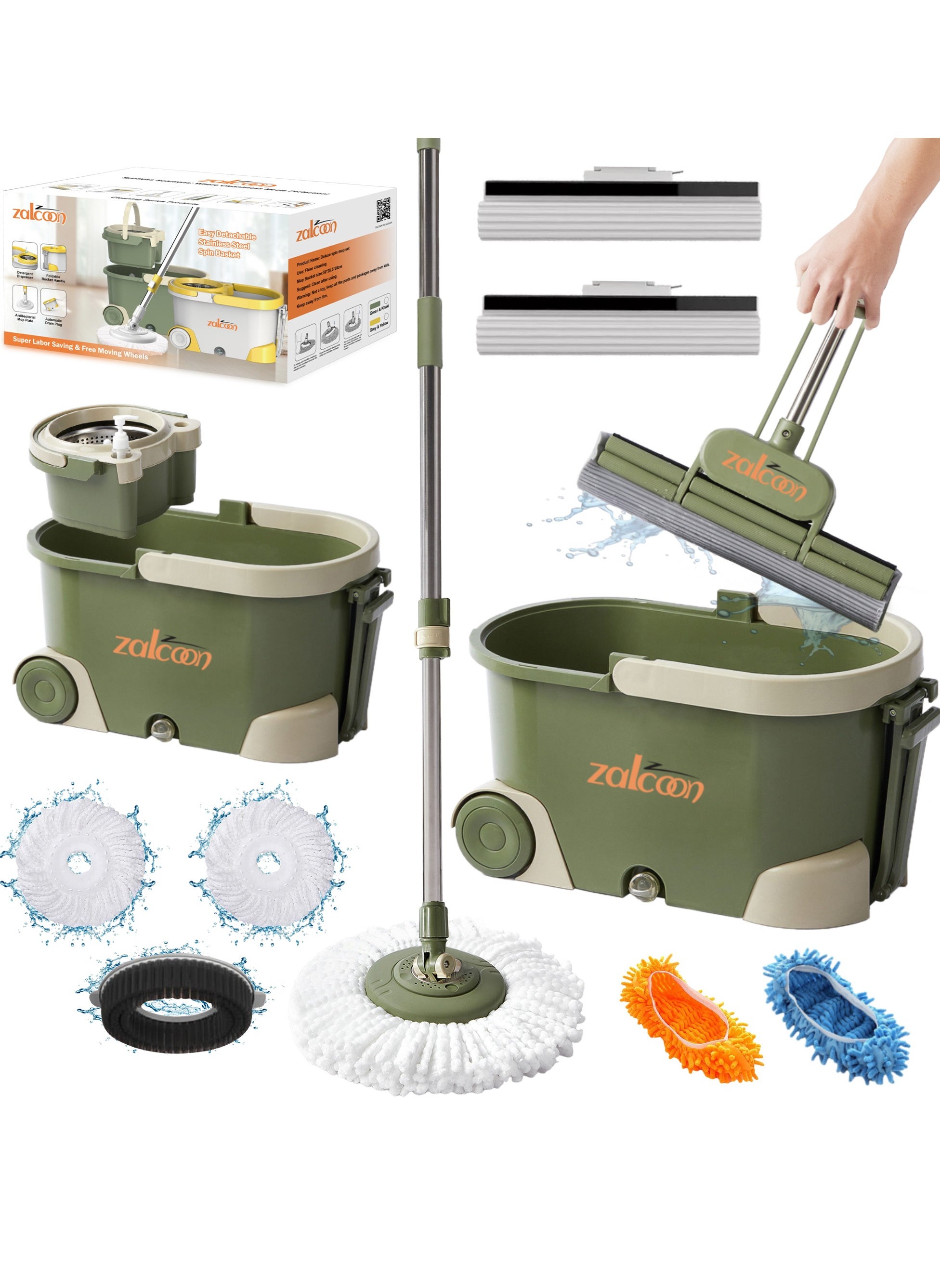 Zalcoon Spin And Sponge Mop and Bucket with Wringer Set, 360° Spinning Mop and 33cm Sponge Mop, 2 Extra Refill for Spin & 2 extra Refills for Sponge Mop,Mop Slippers & Scrub Brush (Olive Green) 