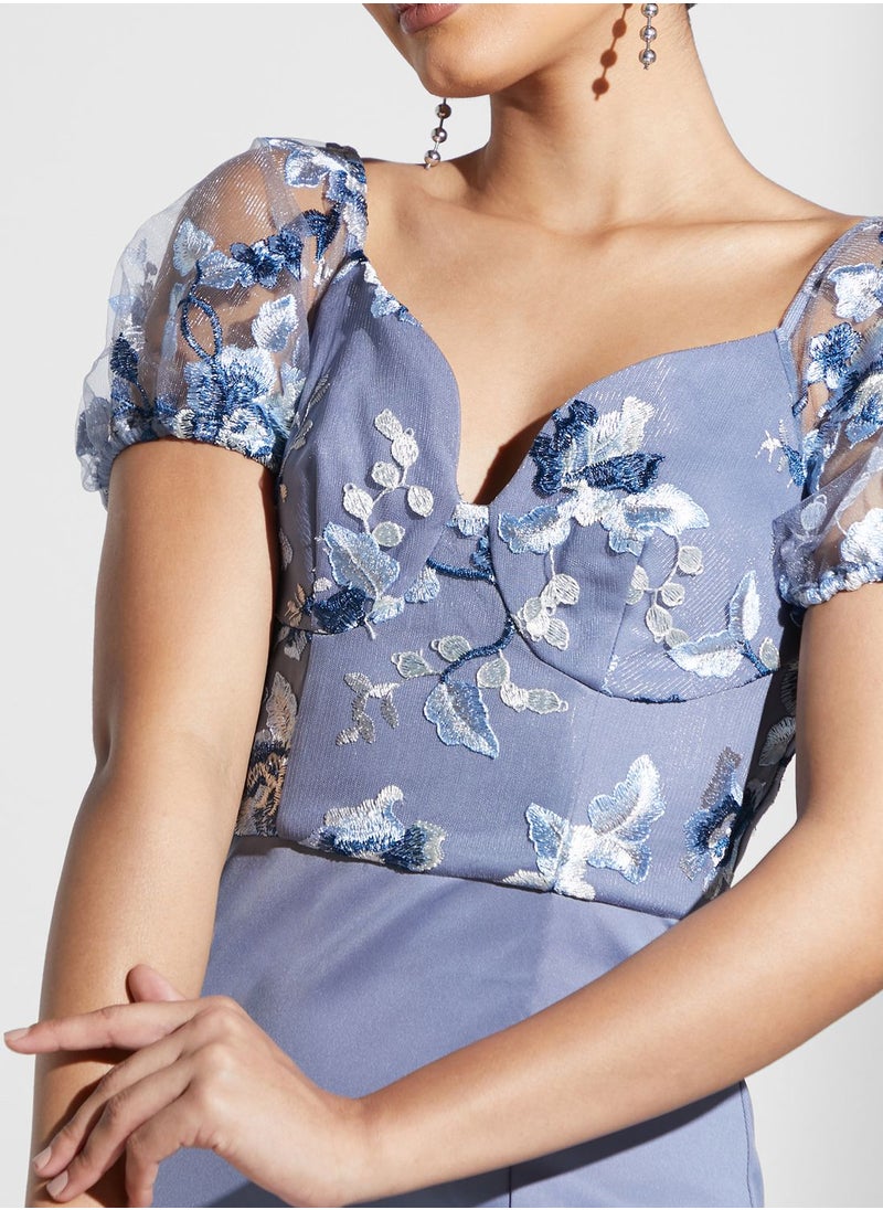 Chi-Chi London - Slit Hem Embroidered Bodycon Dress - Image 1