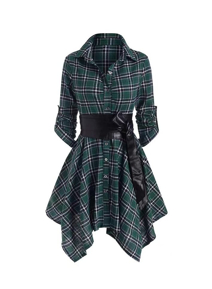Loquat European And American Women's Plaid Belt Dress 