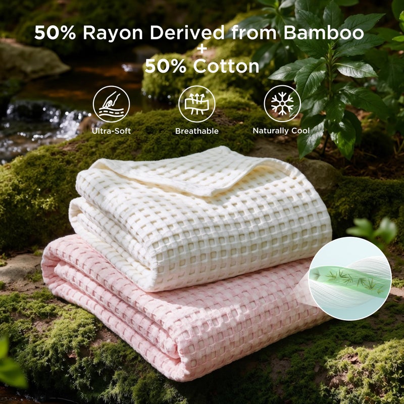 Bedsure Cooling Cotton Waffle King Size Blanket - Lightweight Breathable Blanket of Rayon Derived from Bamboo for Hot Sleepers, Luxury Throws for Bed, Couch and Sofa, Pink, 104x90 Inches - Image 2