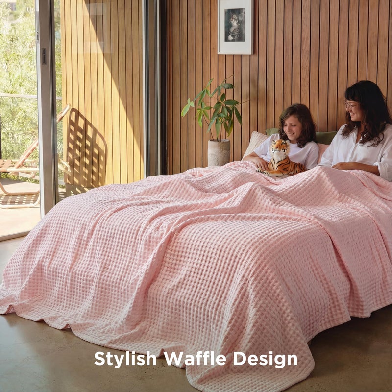 Bedsure Cooling Cotton Waffle King Size Blanket - Lightweight Breathable Blanket of Rayon Derived from Bamboo for Hot Sleepers, Luxury Throws for Bed, Couch and Sofa, Pink, 104x90 Inches - Image 5