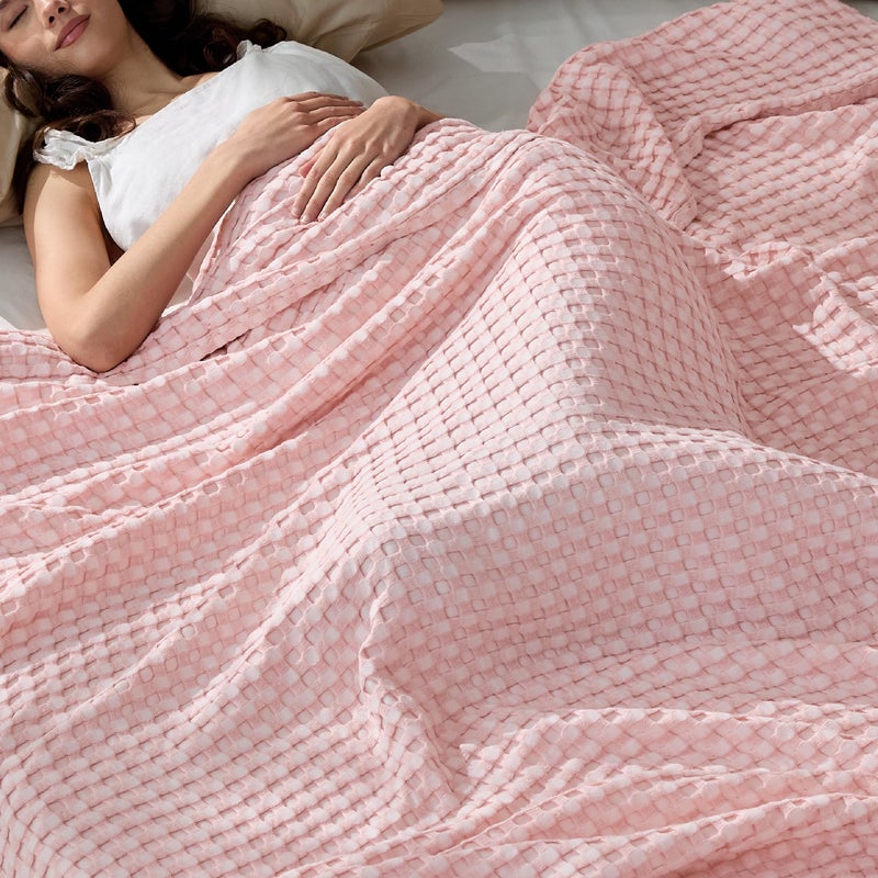 Bedsure Cooling Cotton Waffle King Size Blanket - Lightweight Breathable Blanket of Rayon Derived from Bamboo for Hot Sleepers, Luxury Throws for Bed, Couch and Sofa, Pink, 104x90 Inches - Image 1