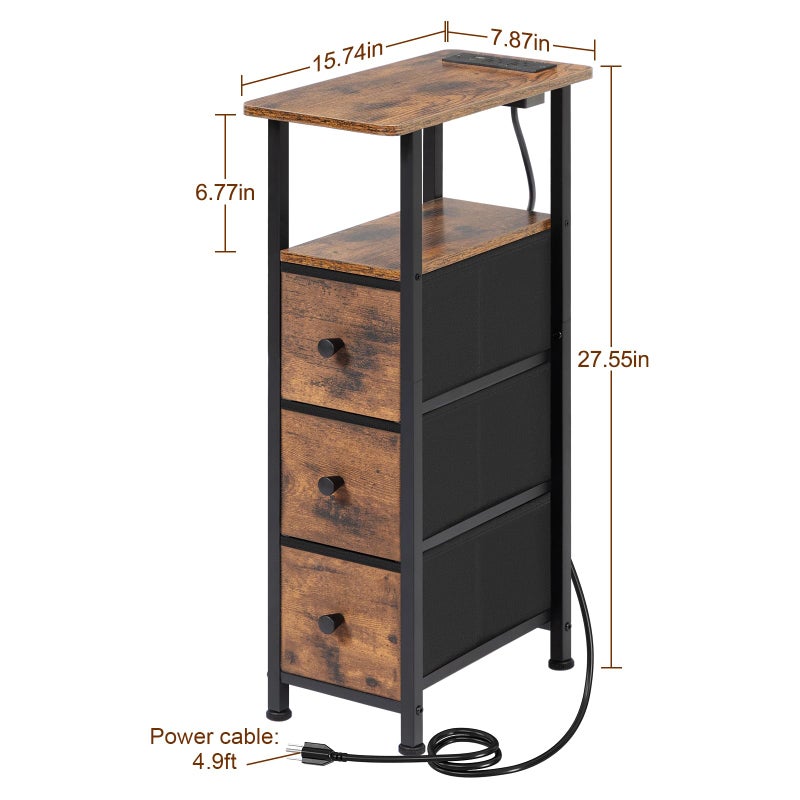 LOAKEKEL Narrow End Tables Living Room Set of 2 with Charging Station, Skinny Side Table with Fabric Drawers, Slim Nightstand for Bedroom, Small Spaces, Couch, Brown, HETNDP03BR - Image 5