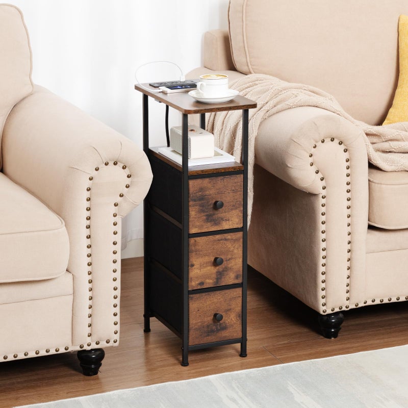 LOAKEKEL Narrow End Tables Living Room Set of 2 with Charging Station, Skinny Side Table with Fabric Drawers, Slim Nightstand for Bedroom, Small Spaces, Couch, Brown, HETNDP03BR - Image 4