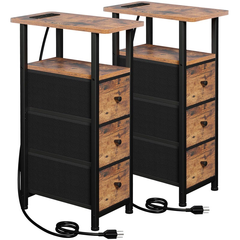 LOAKEKEL Narrow End Tables Living Room Set of 2 with Charging Station, Skinny Side Table with Fabric Drawers, Slim Nightstand for Bedroom, Small Spaces, Couch, Brown, HETNDP03BR - Image 1