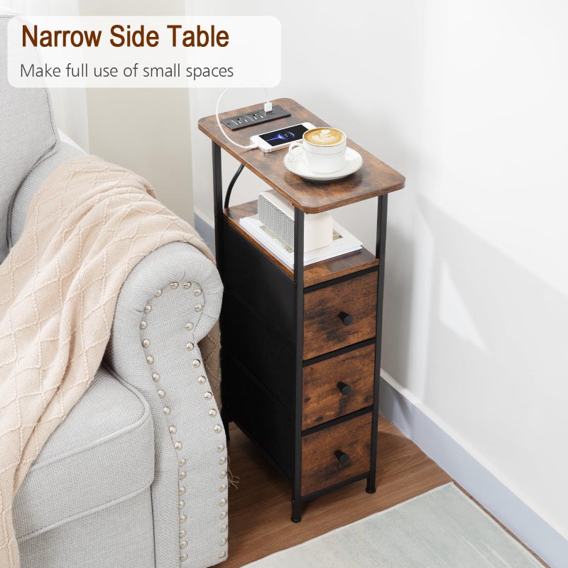LOAKEKEL Narrow End Tables Living Room Set of 2 with Charging Station, Skinny Side Table with Fabric Drawers, Slim Nightstand for Bedroom, Small Spaces, Couch, Brown, HETNDP03BR - Image 2